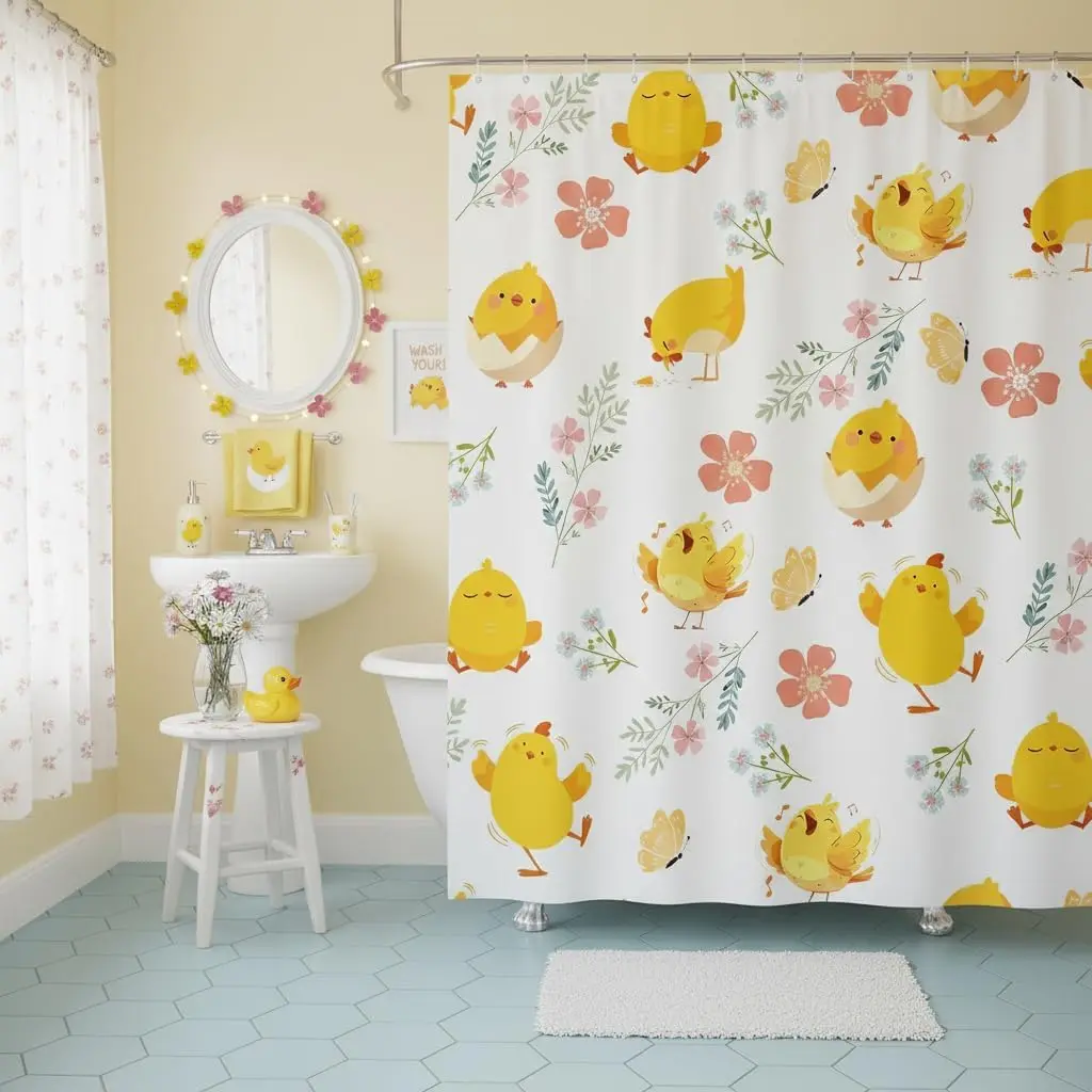 Cute Yellow Chick and Floral Print Shower Curtain Bathroom Decor Whimsical Spring Liners for Nursery and Kids Shower Room