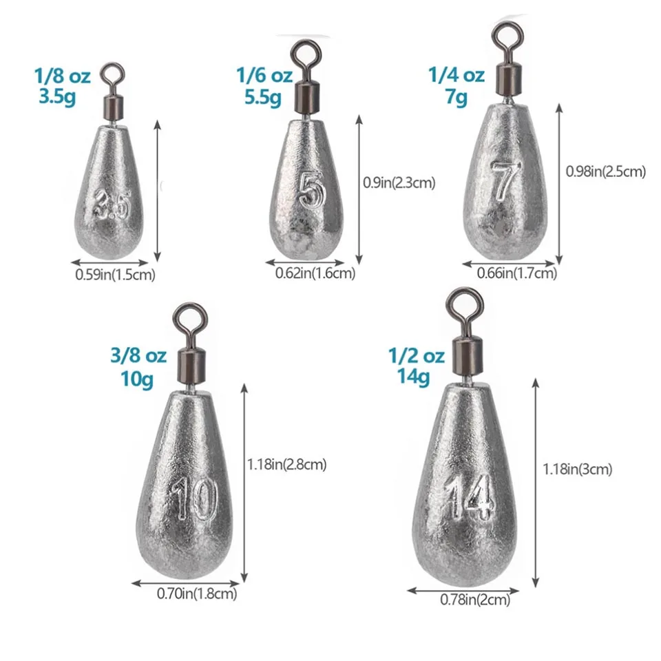 Água Drop Peso Sinker, Equipamento de pesca Acessórios, 3.5g, 5g, 7g, 10g, 14g, 20g, 10pcs por lote