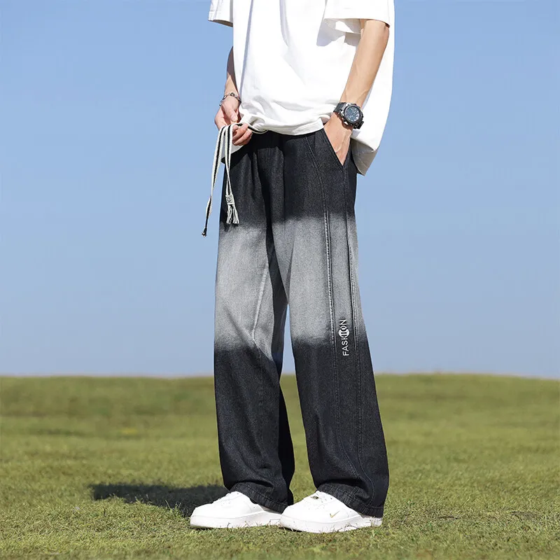 

High Quality Men's Straight Cotton Jeans Casual Gradient Denim Pant Streetwear Loose Elastic Waist Retro Trouser Plus Size M-5XL