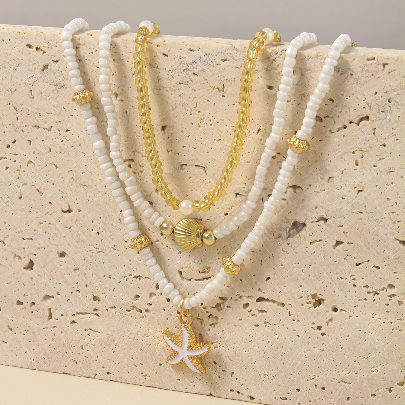 Bohemian Handmade Bead Stacked Choker Delicate Starfish Shell Pendant Necklace Women's Summer Beach Party Vacation Jewelry - view 2