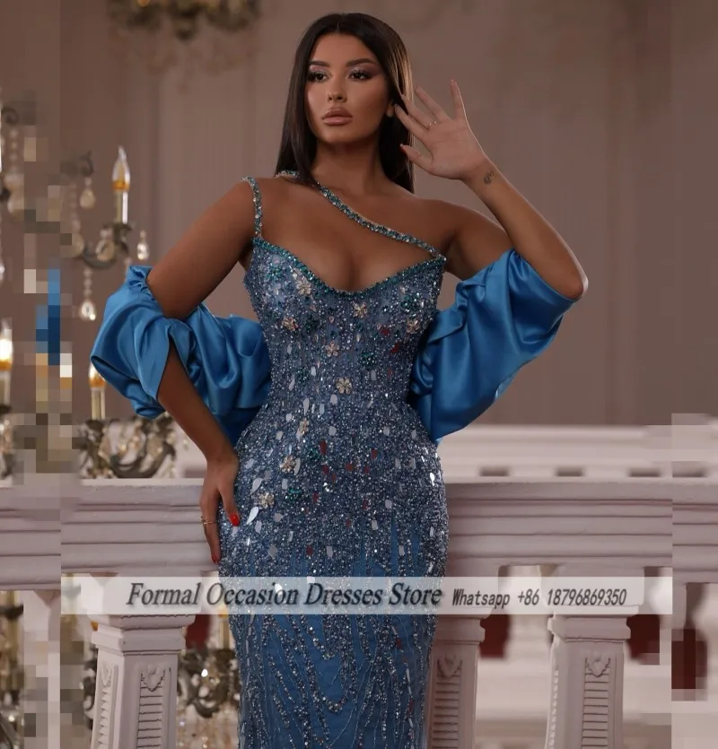 

Вечерние платья синего цвета для особых случаев, с пайетками и бисером, платье для гостей на свадьбу в Дубае, с накидкой, выпускные платья, на заказ