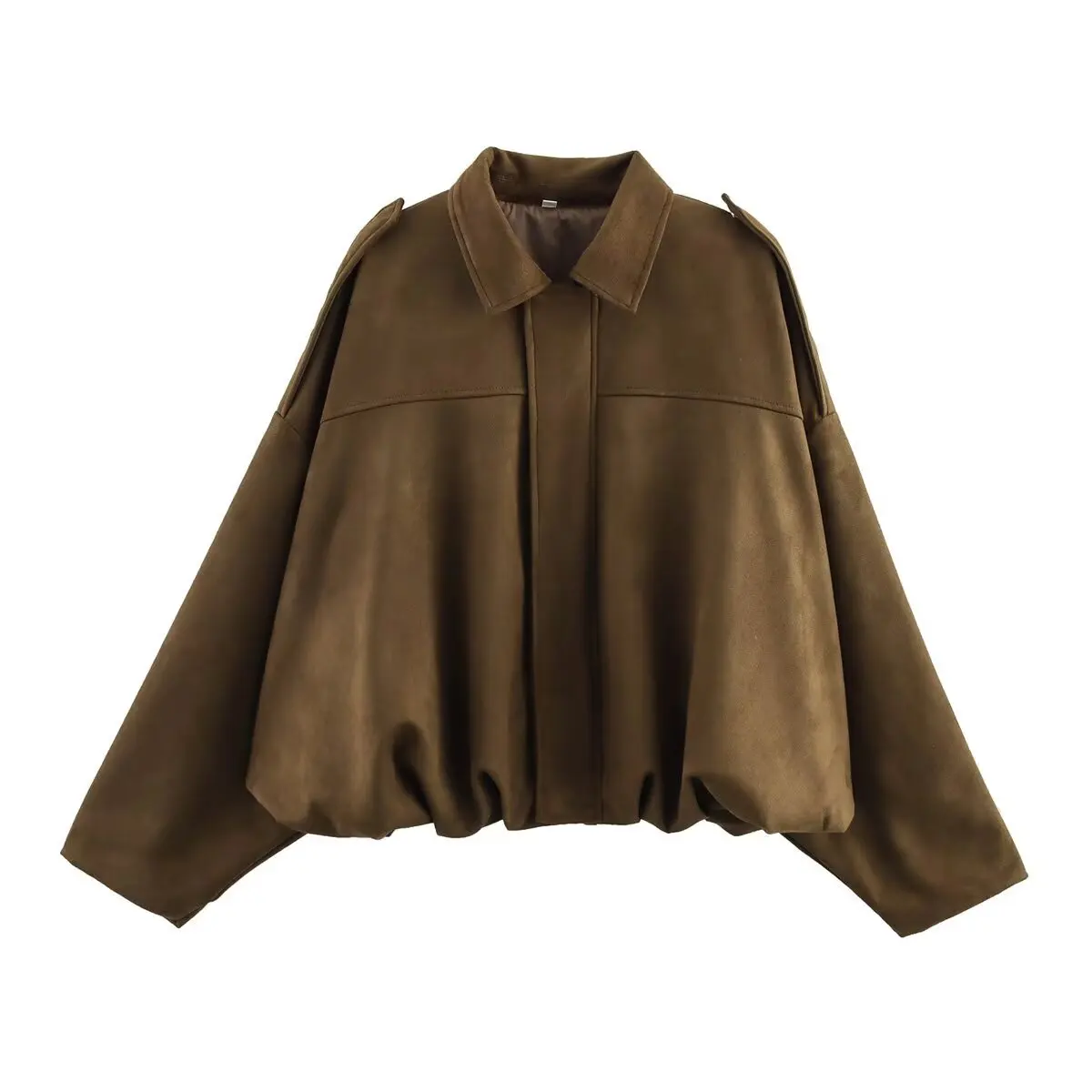 Brown Green Suede Jacket Women Lapel Zipper Long Sleeve Pockets Bomber Coat 2025 Spring Autumn Lady Loose Motorcycle Outwears