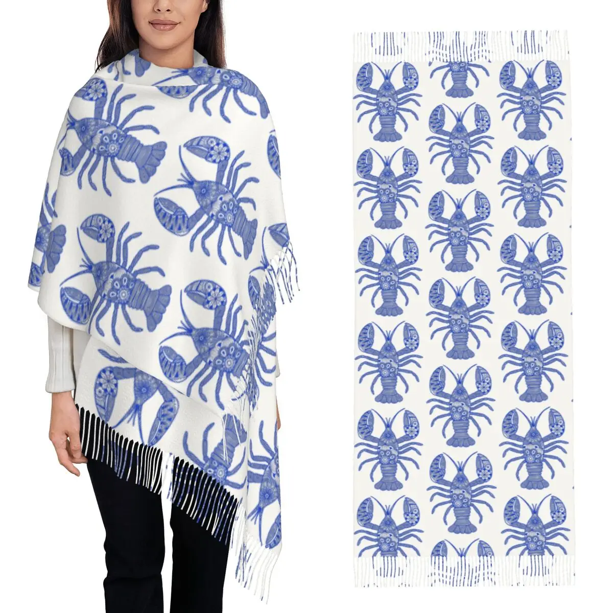 

Lobster Blue And White Horizontal Scarf Tassel Scarves for Women Soft Warm Shawls and Wraps Long Fall Winter Shawl Wrap