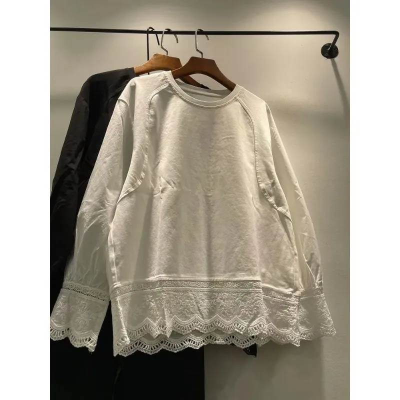 

Designed Hem Spliced Lace Long-sleeved T-shirt for Women Versatile Loose Casual Round Neck Top