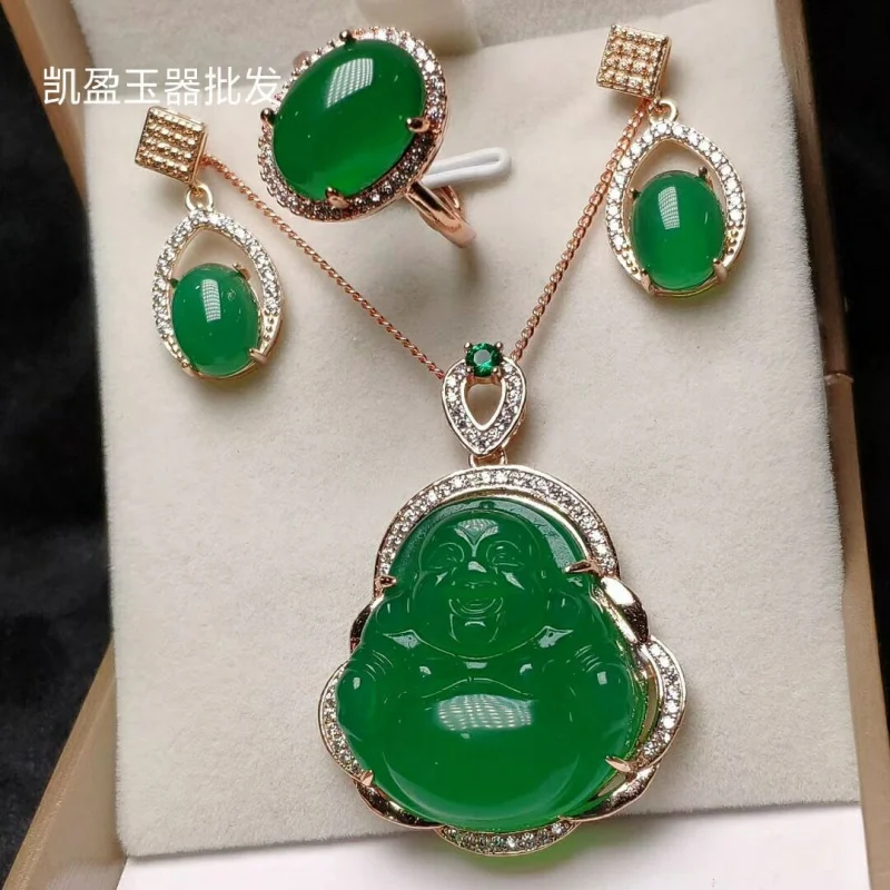 High-quality rose gold inlaid chalcedony Buddha , green agate earrings and ring three-piece set view 3