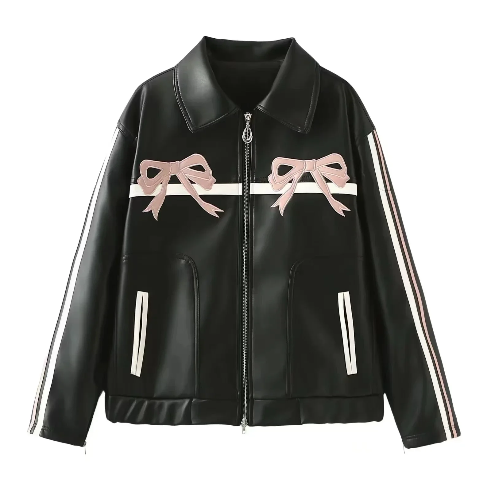 Giacche in pelle da donna Cappotto bomber con nodo a fiocco Streetwear PU Moto Biker Cappotti capispalla vintage coreani Abiti da donna di moda