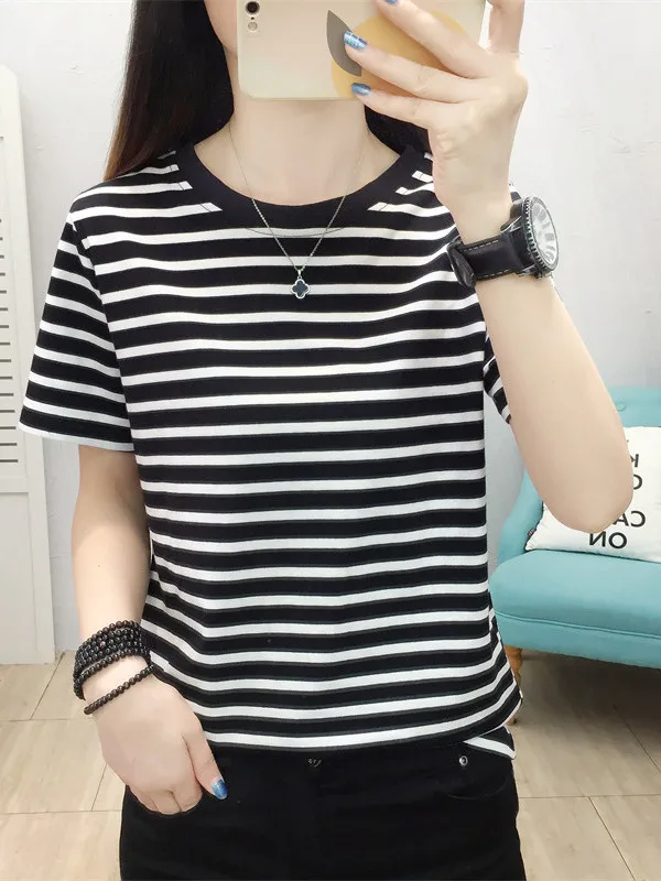 

Summer 2026 Women's Loose Fit Short Sleeve T-Shirt plus Size Half Sleeve Conceal Meat Stripe Pattern Cotton Blend Top