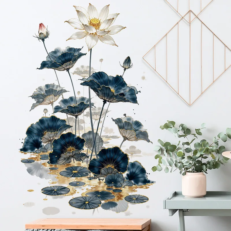 Chinese Style Lotus Wall Sticker, Removable Background Wall Decal for Bedroom & Sofa Wall, Home Decor Mural,  Item No.69098