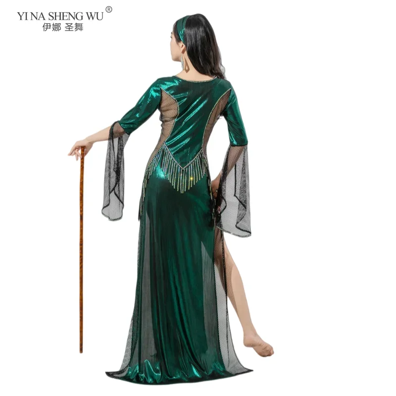 Nuevo traje de danza del vientre ligero de lujo, vestido de competición decorado con diamantes de imitación de rejilla, ropa de actuación Saidi Sexy con borlas, Egipto
