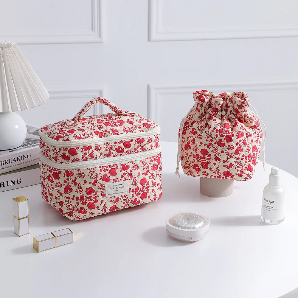Women's Cosmetic Bags Floral Patchwork Quilted High-End Waterproof Drawstring Pouch Portable Travel 2 Piece Makeup Handbags