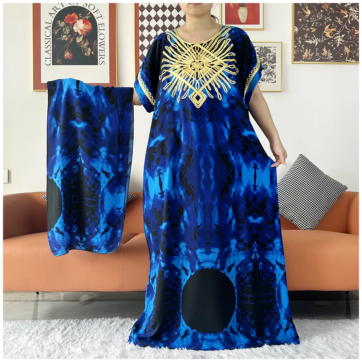 2 Pieces African Dashiki Floral Printing Loose Cotton Caftan Lady Summer Maxi Casual Dresses With Scarf  Vestidos Short Sleeve