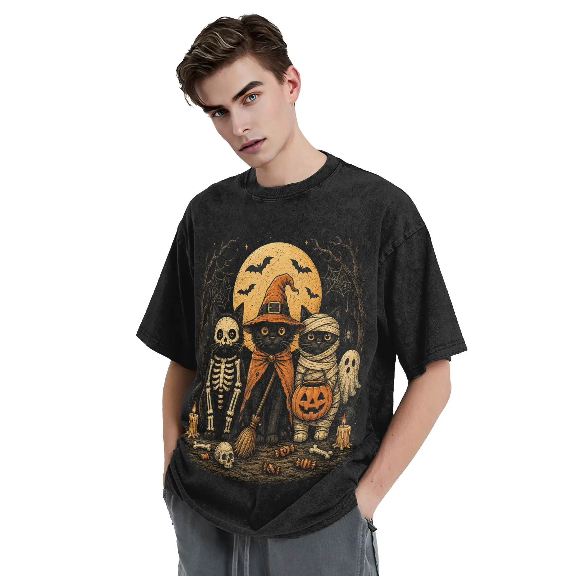 Retro Black Cat Witch Scary Washed T Shirt Streetwear Hip Hop T-Shirt Halloween Pumpkin Tees Tops Men Women 100% Cotton Printed