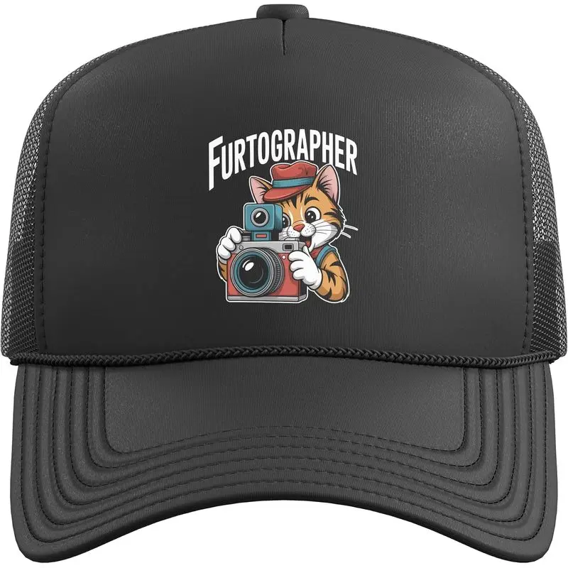 Furtographer Funny Photographer Cat Camera Trucker Hat with Adjustable Mesh Back