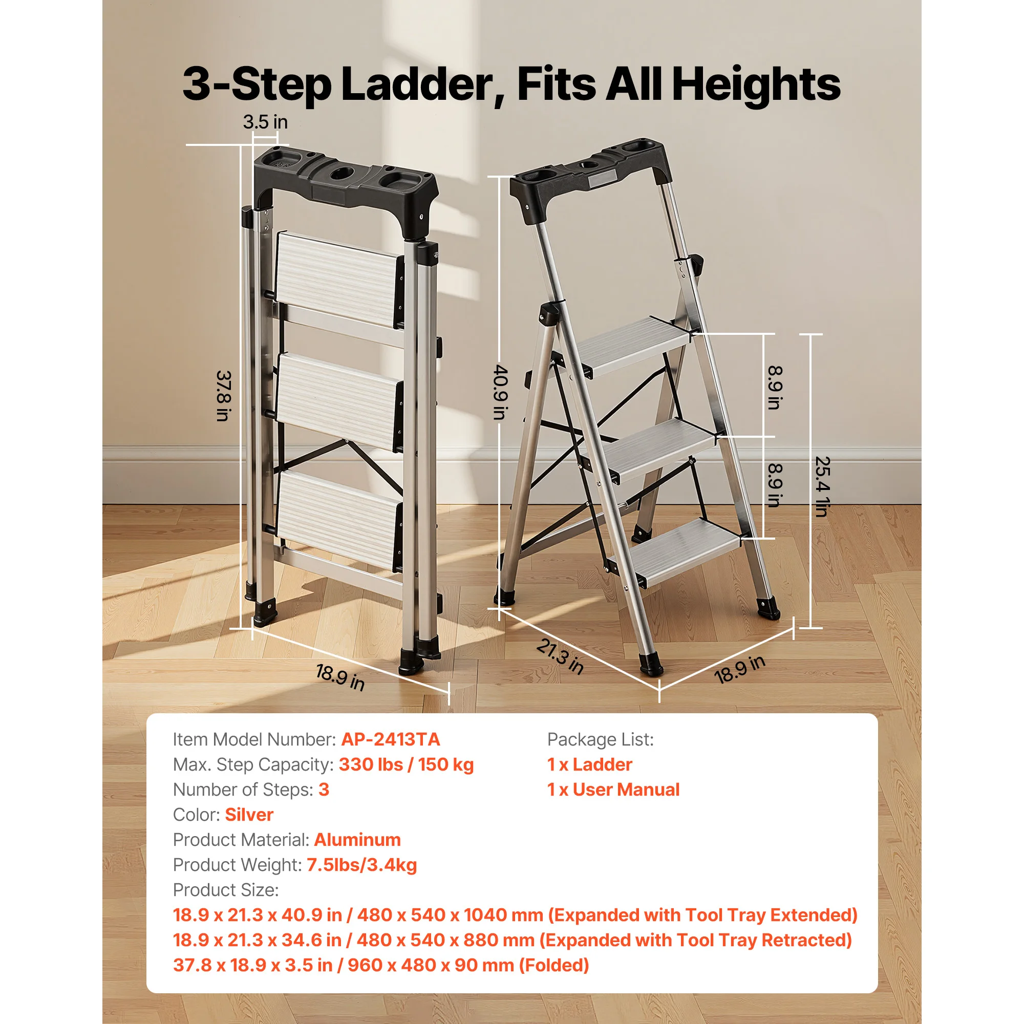 VEVOR 3/4/5/6 Step Ladder Folding Step Stool with Anti-Slip Pedal and Comfort Handgrip 330 lbs for Kitchen Household & Office