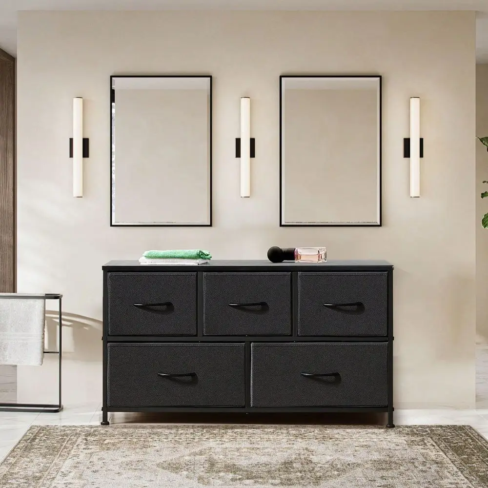 

Комод с 5 ящиками для спальни, металлический каркас и деревянная столешница для телевизора до 40 дюймов, с тканевыми выдвижными ящиками для хранения для гостиной