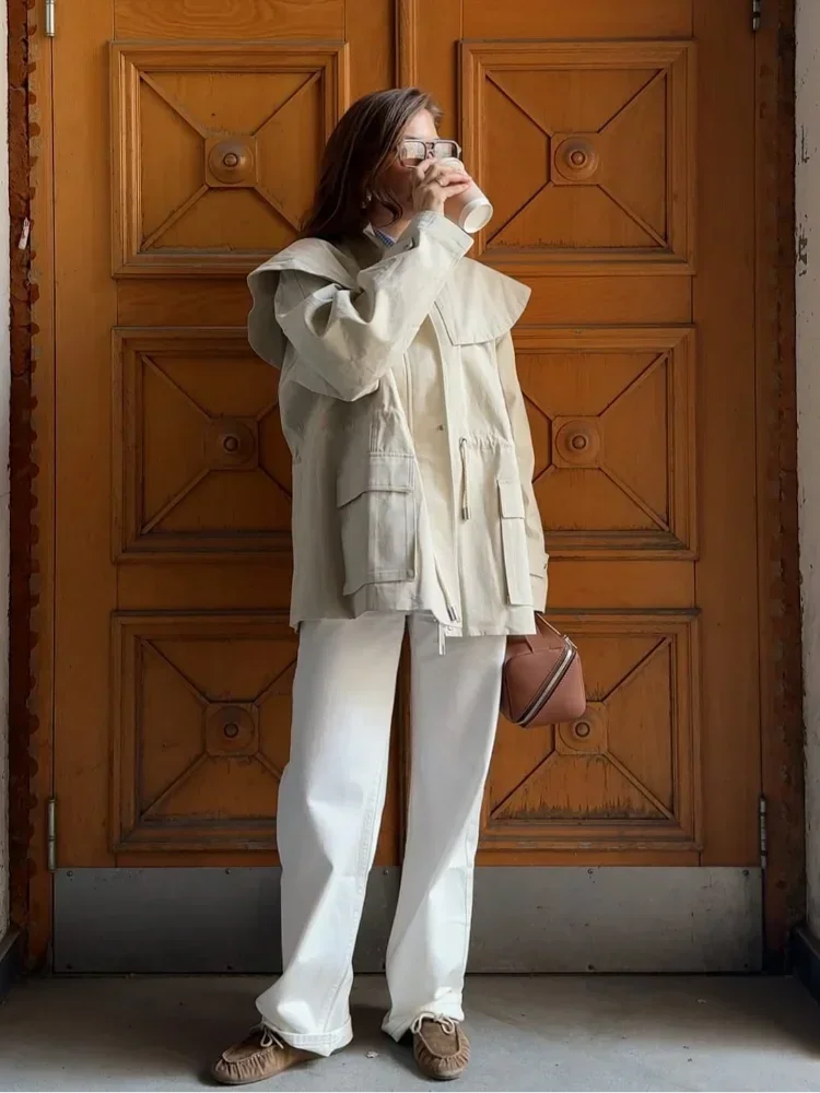 Femmes col bateau ceinture coupe-vent décontracté solide fermeture éclair poche veste ample 2025 automne dame quotidien banlieue vêtements d'extérieur