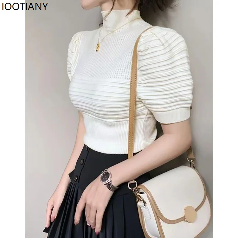 Frauen Herbst High-neck Gestrickte Slim Fit Pullover Topthin Kurze Puff Sleeve Einfarbig Winter frauen Pullover Pullover t-shirt