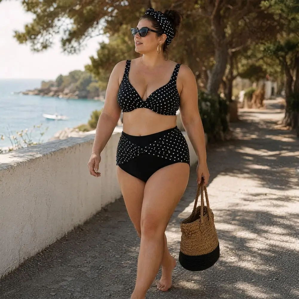 Tummy Control Swimsuit Plus Size Bikini Set Cross-chest V-neck Bra with Built-in Support High-waisted Twist Swim Bottoms Retro