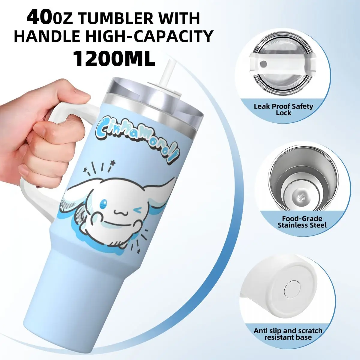 Stainless Steel Tumbler Cinnamoroll Mugs Cup With Straws Travelist Cold and Hot Water Bottle Leakproof Large Coffee Mug