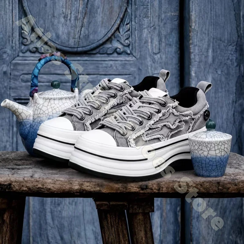 Women Denim Sneakers Gray Washed Thick Sole Platform Shoes Star Embroidery Frayed Hem Lace Up Breathable Casual Canvas Shoes