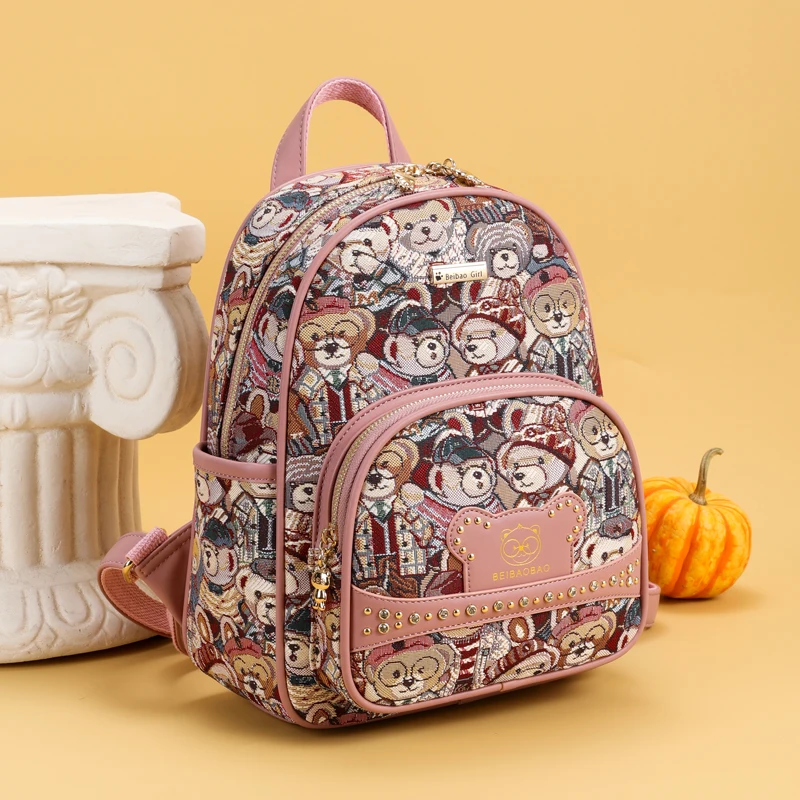 

schoolbag Backpack bags for women Luxury rivet design backpack women fashion Bear print Middle school student classic Travel Bag