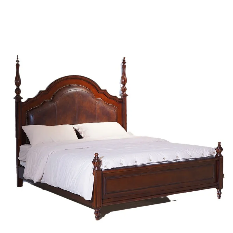 

Retro buckle leather wedding bed | Light luxury American 1.8-meter double bed, high-end solid wood frame villa master bedroom