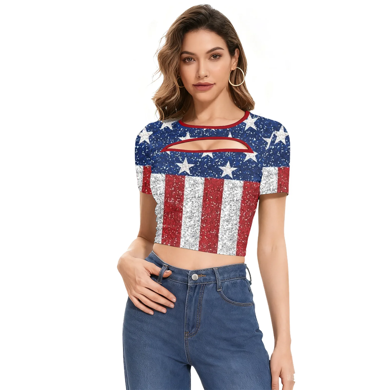 Women T Shirts Short Sleeve V-Neck Streetwear Tees Harajuku Casual Y2k Cool Girls Tops USA National Flag Printed T-Shirt Fashion
