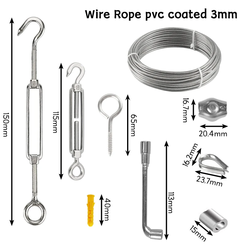 304 Kit De Suspensão De Corda De Aço Inoxidável, Roupas Revestidas De PVC, Tensor De Gancho, Luminárias, 20m, 30m, 3mm