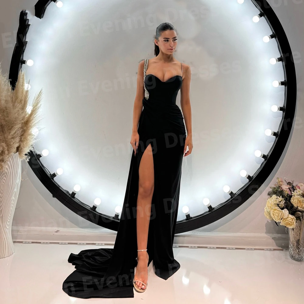 Sexy frauen Meerjungfrau Abendkleider Spaghetti Strap Perlen Angepasst Prom Kleider Ärmel Schlitz Vestido De Gala Noche Mujer
