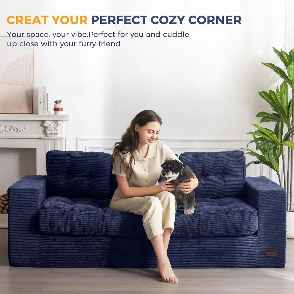 Sofá para sala de estar, sofá desossado com almofada e encosto capitonés, sofá estofado, sofá em uma caixa, azul marinho