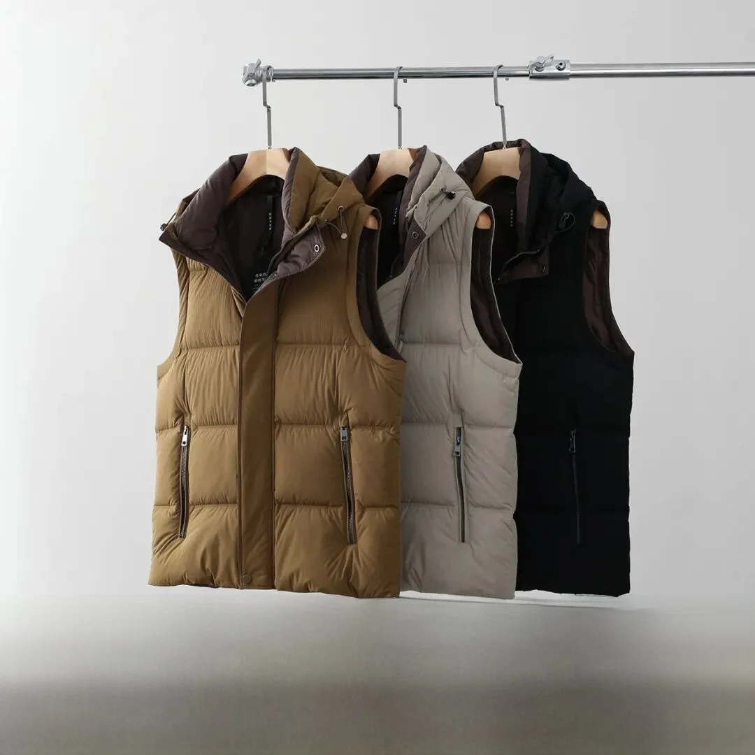 

Men's High Loosen Warmth Du down Vest Autumn Winter Faionable Hooded Zipper Pure Color Youth Trendy Tee-Proof Techno...