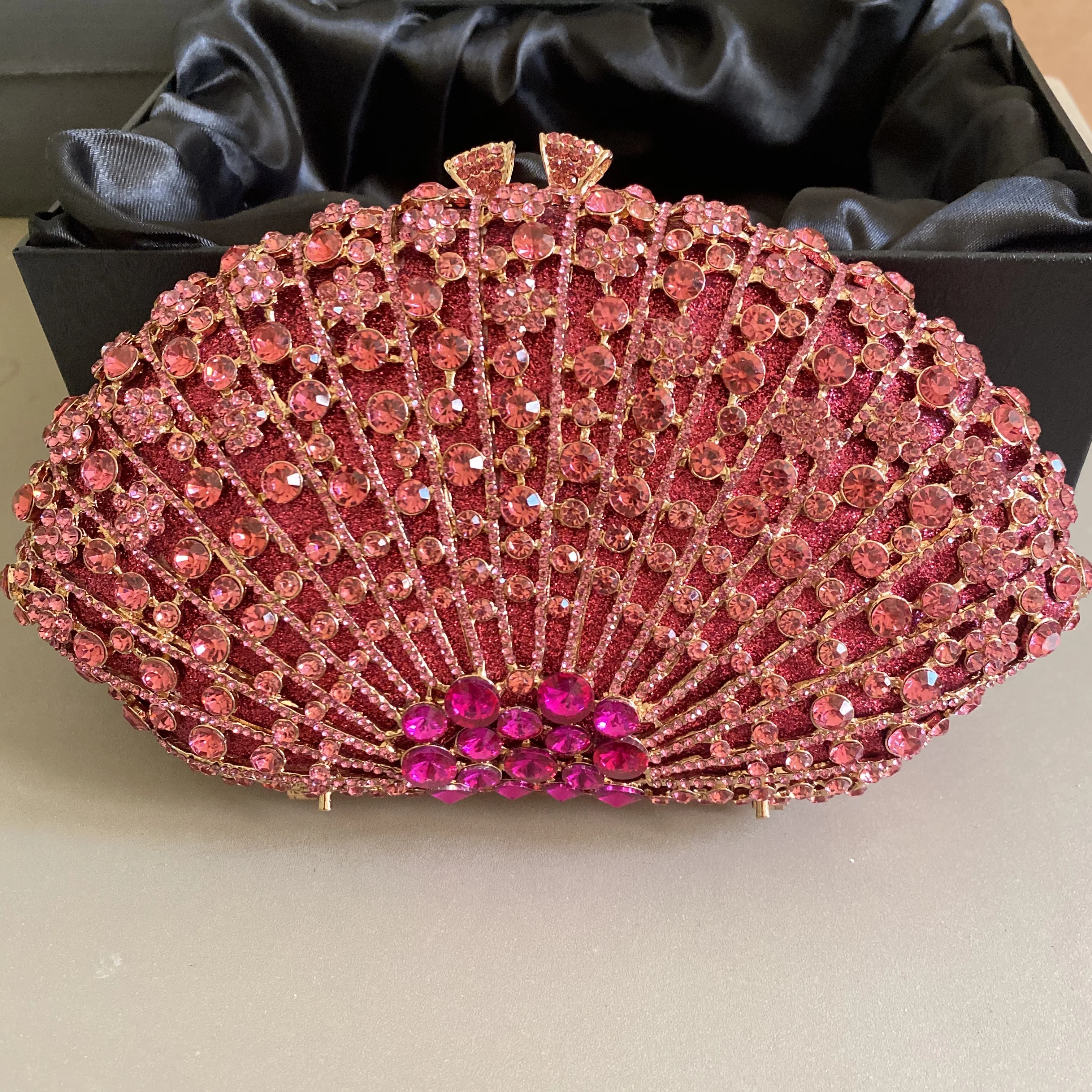 Fuchsia/Hot Pink Rhinestone Evening Bags Fan Women Diamond Wedding Purses Crystal Party Minaudiere Lady Dinner Cocktail Clutches