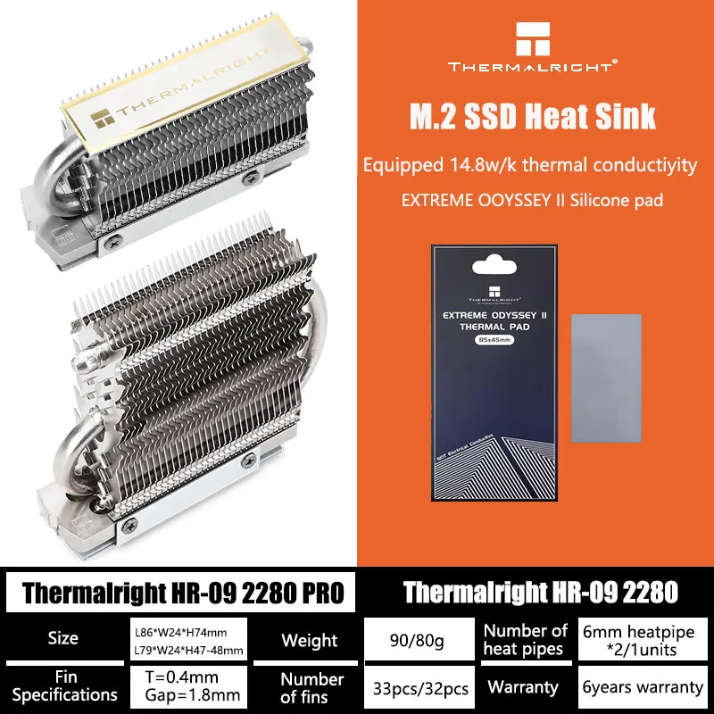 Thermalright HR-09 2280 M.2 SSD Solid State Drive Radiator Full Electroplating Reflow AGHP Heat Pipe Double-layer Thermal Pad