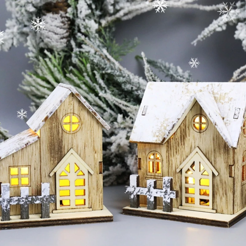 Christmas Led Light Wooden House Luminous Cabin Merry Christmas Decorations For Home Diy Xmas Tree Ornaments Gift New Year