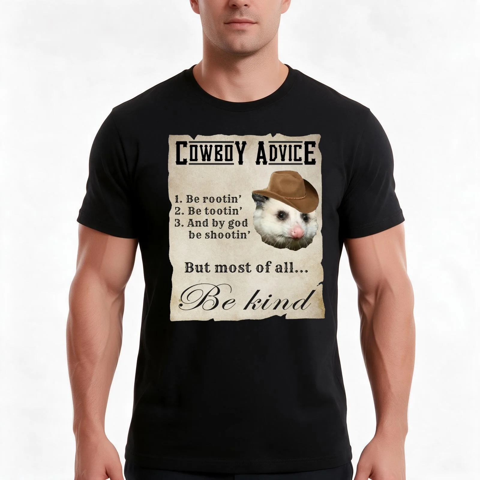Cowboy Advice - rootin tootin shootin possum cowboy T-Shirt Summer Casual Cotton Tee Oversized Streetwear Tops 100% Cotton
