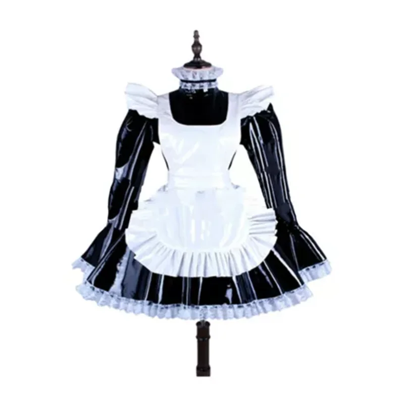 

Sissy French maid black PVC long sleeved lockable pleated dress maid cosplay costume can be customized
