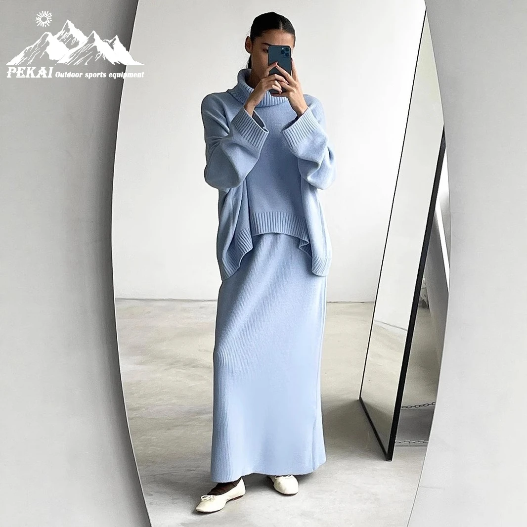 

Autumn and Winter Loose Knitted European and American Women's Warm High Collar Sweater Half Skirt Set
