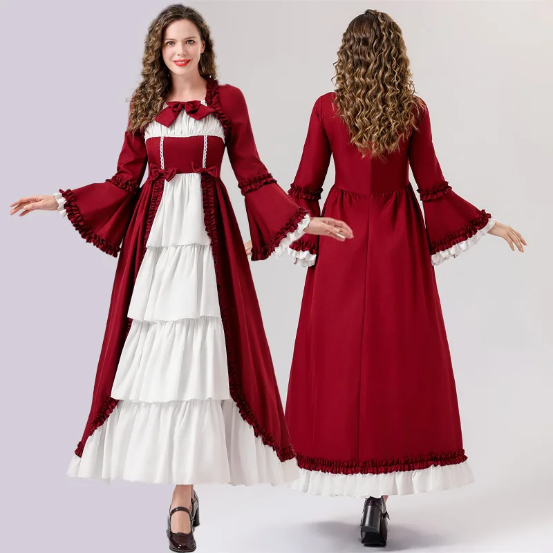 Loween gothique Court Dr médiéval rétro taille col cintré noeud carré épissure Dr Costume ethnique pour femme