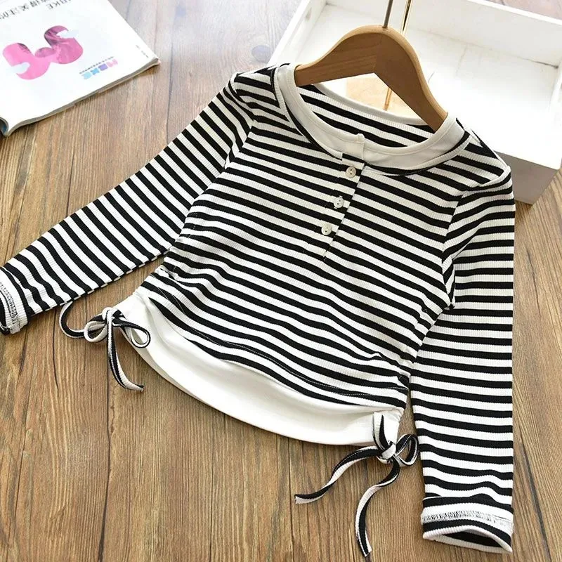 

Spring and Autumn Girls' Fake Two Piece Splicing Striped T-shirt Teenage Girls' Western Style Long Sleeve Base Shirt