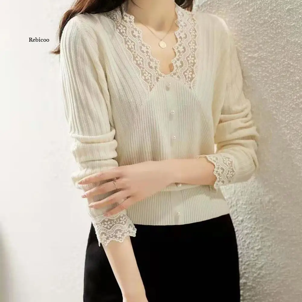 

Spring Patchwork Lace Pearl Button Knitted Long Sleeve Pullovers Women Baggy Loose S-2XL White Black Tops V-Neck Sweater Woman