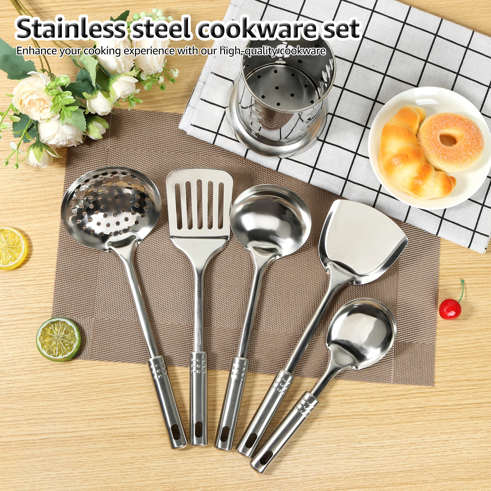 6 件套 Cooking Utensils Set Kitchen Utensils Set Portable Rust-Resistant Stainless Steel Spatula Utensils Set with Organizer for H