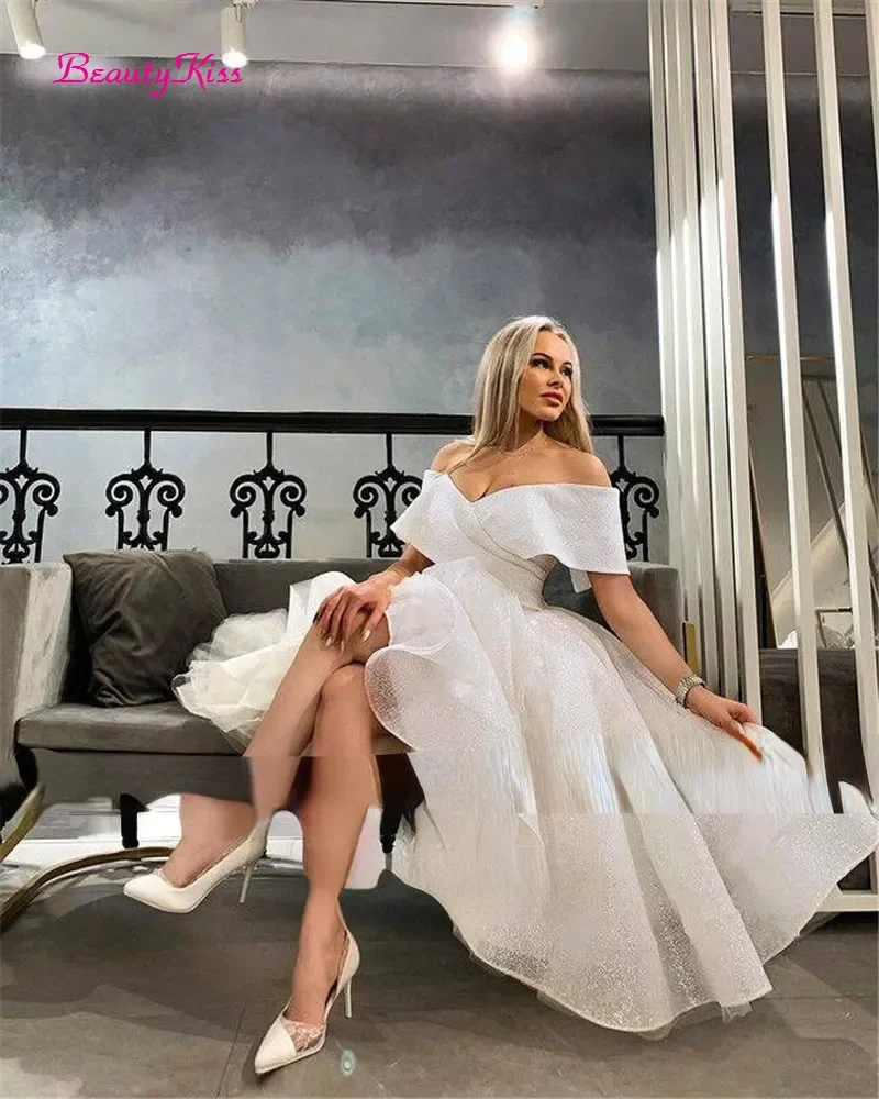 Glitter A-Line Short Wedding Dresses Off the Shoulder Sweetheart Sleeves Midi Tea Length Bridal Party Gowns Formal Dress