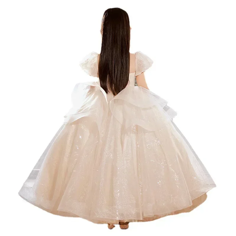 Girl\'s formal dress, flower girl wedding, little girl princess dress, fluffy veil, children\'s host, piano performance, evening d