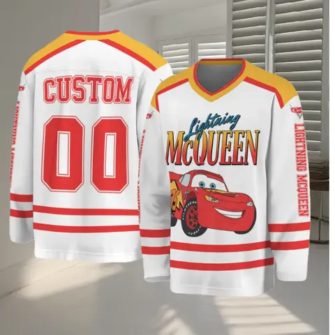 Custom Disney Cars Lightning McQueen Ice Hockey Jersey 3D Print Men's Long Sleeve Sweatshirt Fashion Team Sports Hockey Jersey