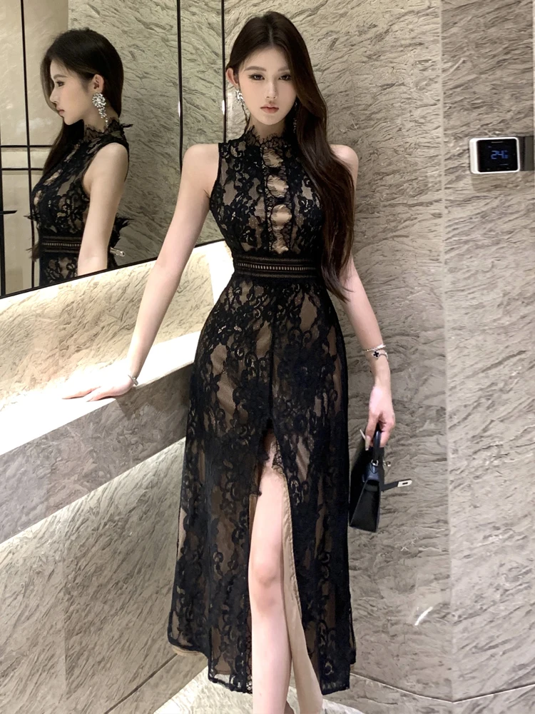 

Ele High-Waist Lace Dr Sexy Side Slit Bal Gown for Par And Wedding Faionable Bla Dr Trendy Vest Dr