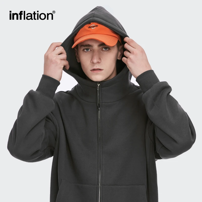 INFLATION Winter Warm Oversized Zip Up Hoodies Unisex 350gsm Fleece Lined Zipper Hooded Jackets Men Blank Oversized Hoodies