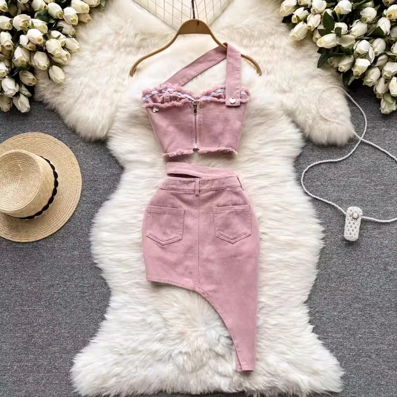 

Fashion Sexy Strapless Camisole Top for Women+ Y2k Irregular Slim Fit Bodycon Skirts 2025 Summer New Two Piece Sets