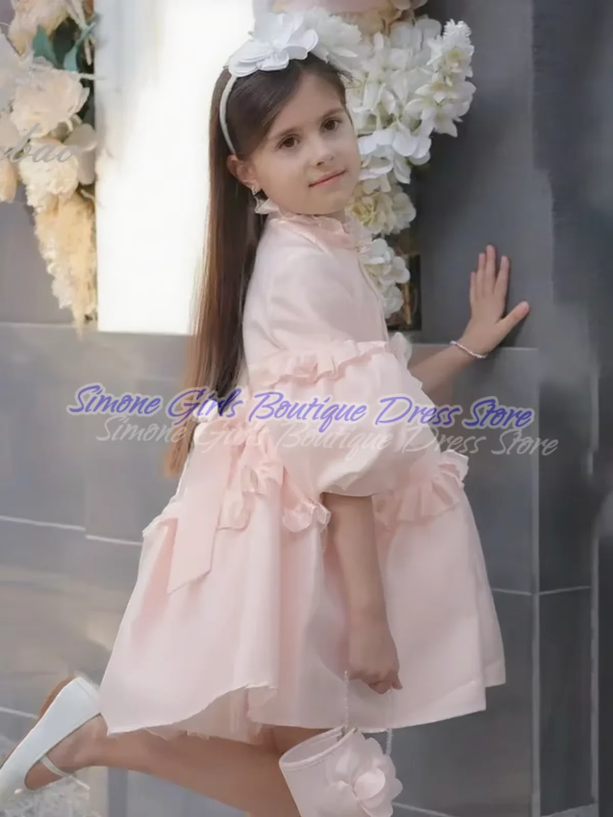 فستان فتاة الزهور برقبة عالية نصف منتفخة لحفلات الزفاف الرسمية للمناولة الأولى بطول الركبة فستان الأميرة الأنيق الجديد