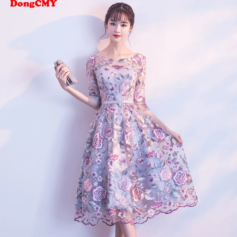 DongCMY New Short Formal Dresses Flowers Vestidos de Noche Bride Elegant Women's Party Dress