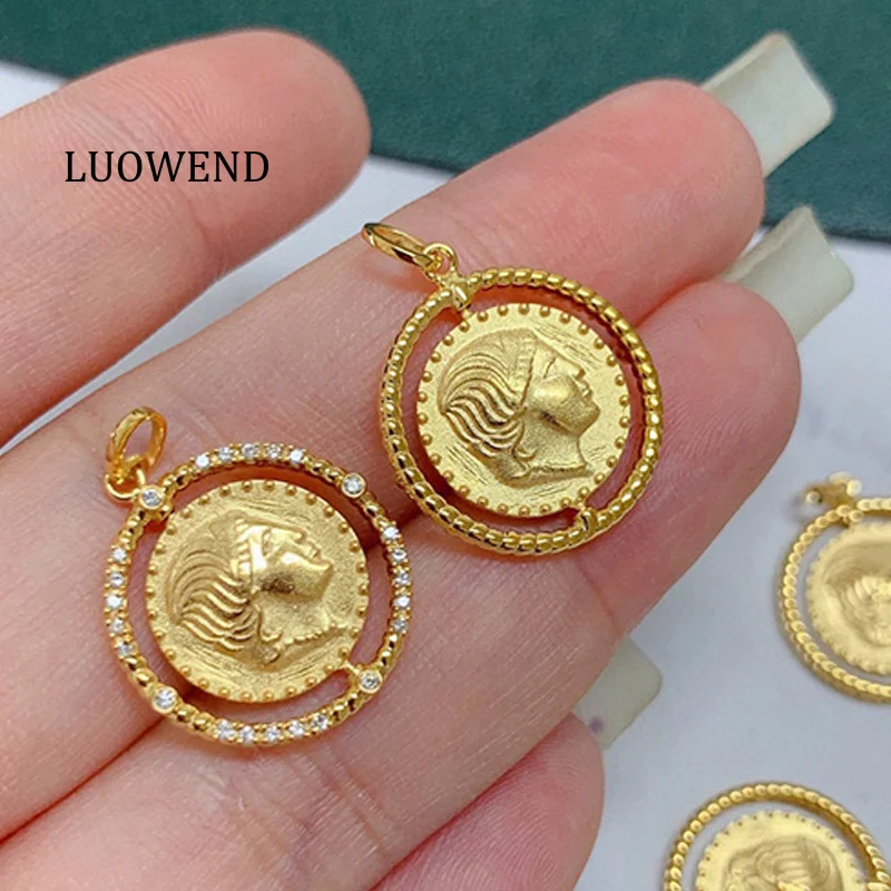 LUOWEND 18K Yellow Gold Necklace Vintage Roman Portrait Gold Coin Pendant Real Natural Diamond Necklace for Women Party Jewelry